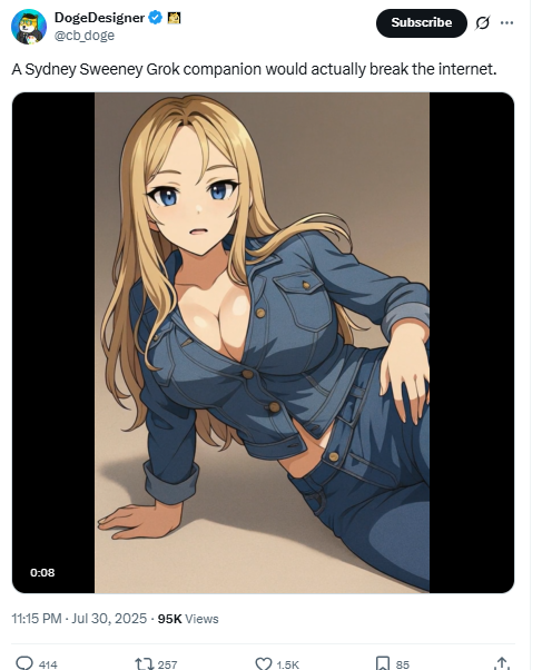 Doge Designer Tweet about Sydney Sweeney Grok companion